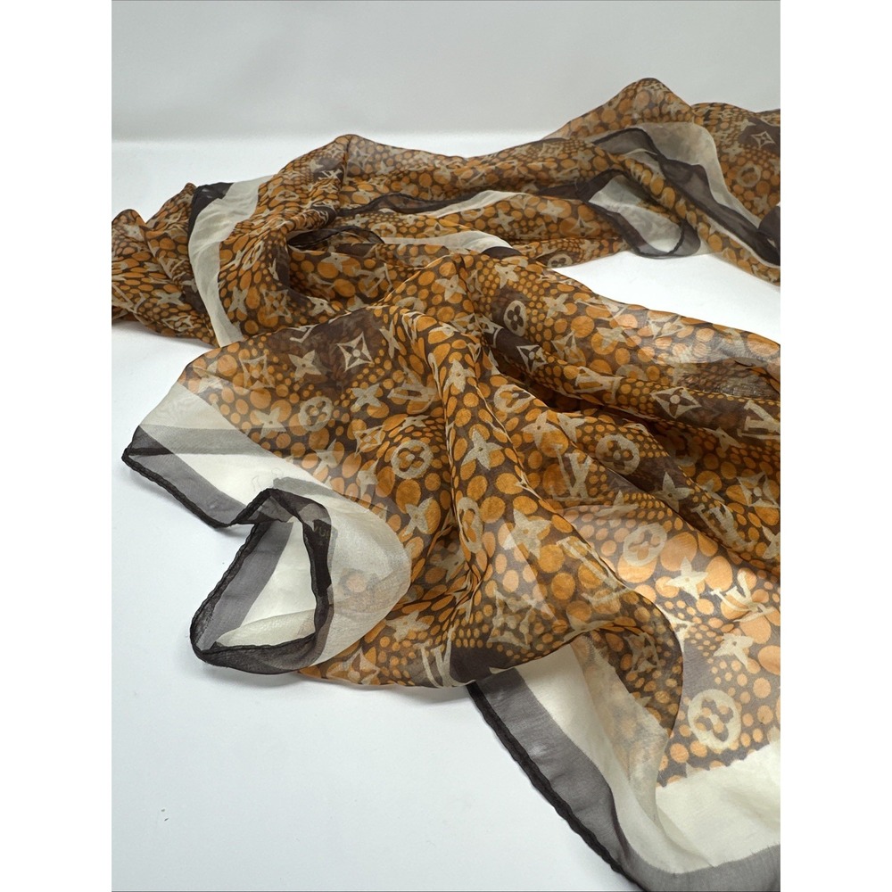 Silk Louis Vuitton Orange & Brown Sheer Monorgram LV Scarf
